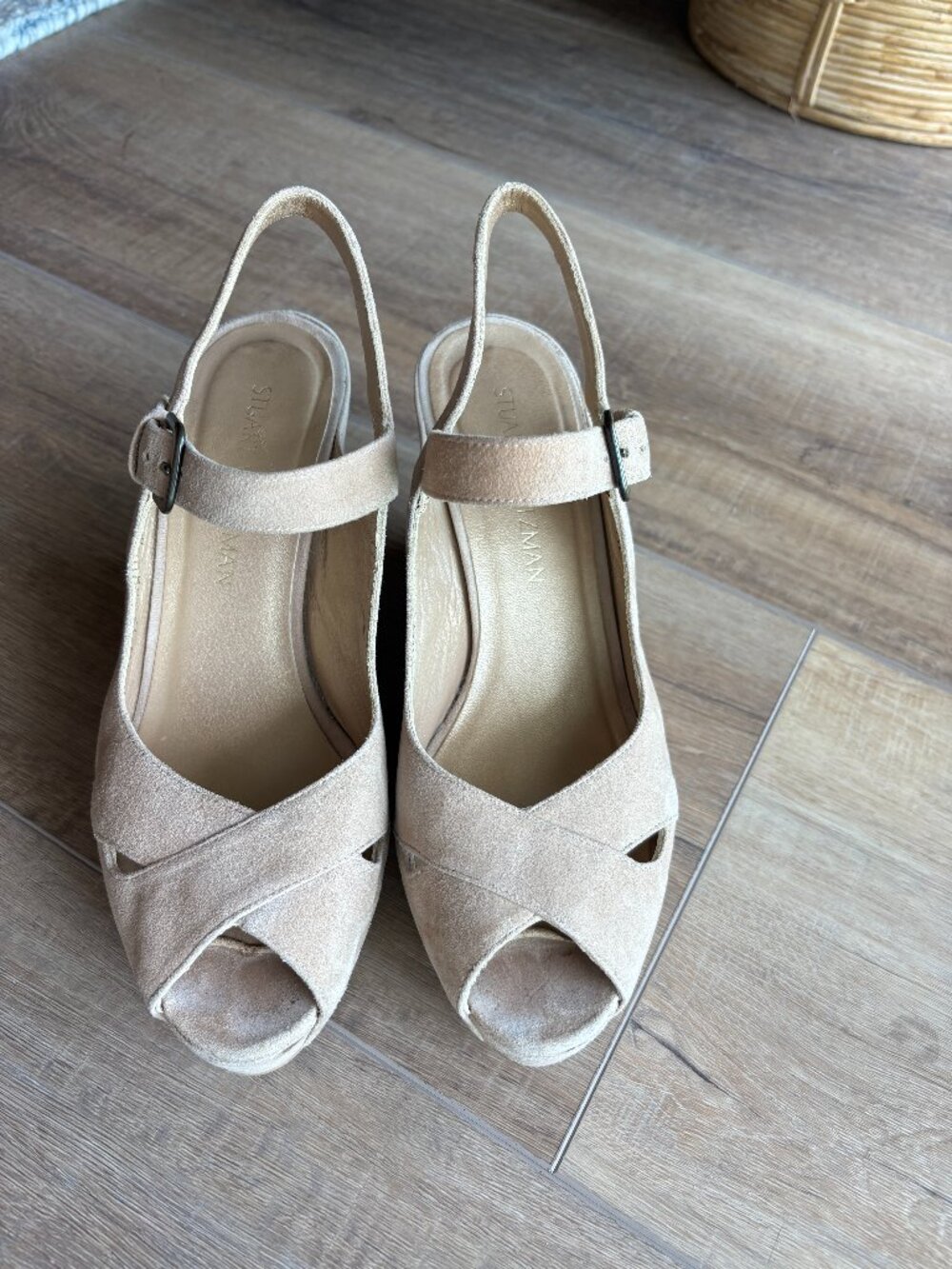 Stuart Weitzman Nude Suede Peep Toe Wedge Heels Size 8